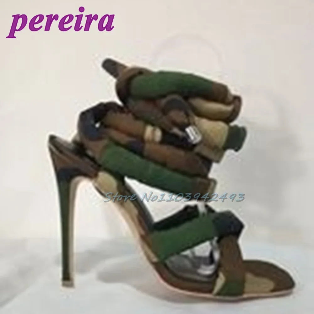 Silver Gladiator Heels Square Toe Ankle Strap Heeled Sandals Roman Style Stiletto Designer Women Shoes Summer Sandalias De Mujer Camouflage