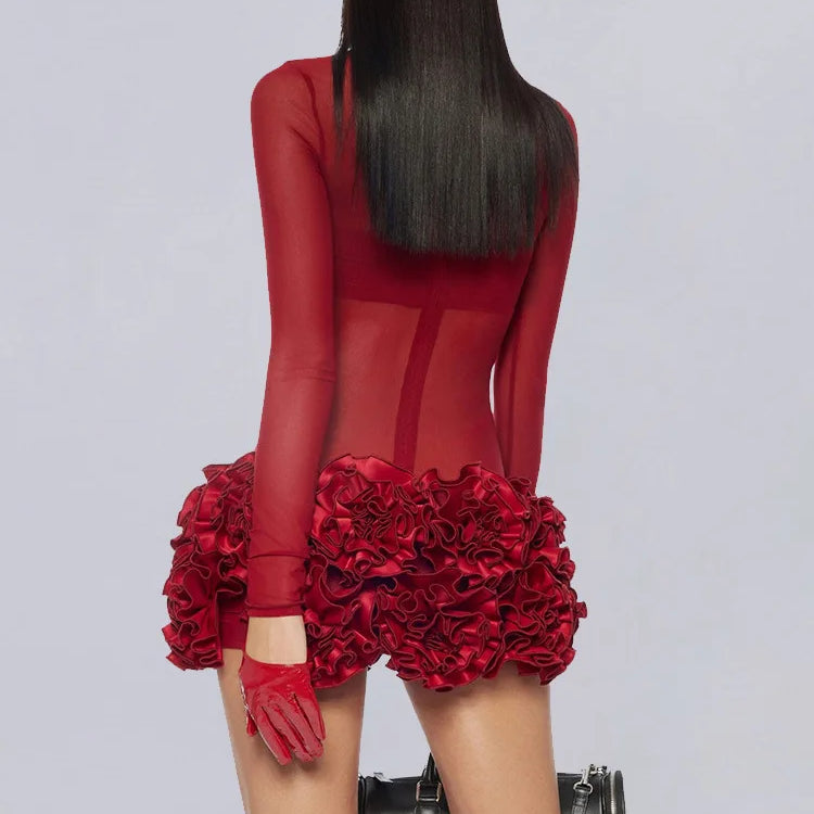 New White Women Long Sleeve Sexy Mesh See through Bodycon Mini Bandage Dress Florals Fashion Celebrate Nightclub Party Outfit