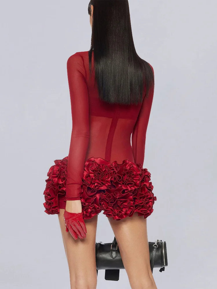 New White Women Long Sleeve Sexy Mesh See through Bodycon Mini Bandage Dress Florals Fashion Celebrate Nightclub Party Outfit