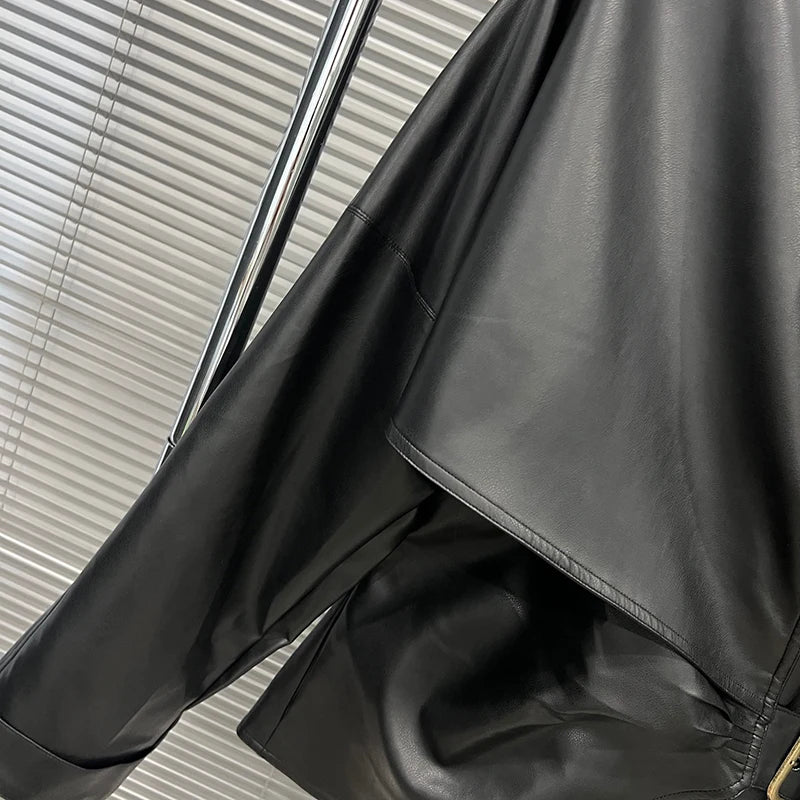 Autumn Winter New Style Loose Stand Collar Long Sleeve Leather Jacket For Women Belt Streetwear Casual Coat 11A07815
