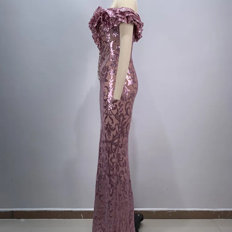New Luxury Sexy Off Shoulder Ruffles Pink Mesh Sequins Maxi Long Women Celebrity Dress 2024 Elegant Party Evening Club Vestido