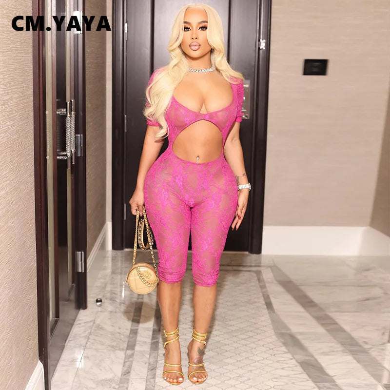 2024 Spring Short Sleeve Backless Women Lace Hollow Out Casual Rompers Playsuit Short Jumpsuits V-neck One Piece Outfits