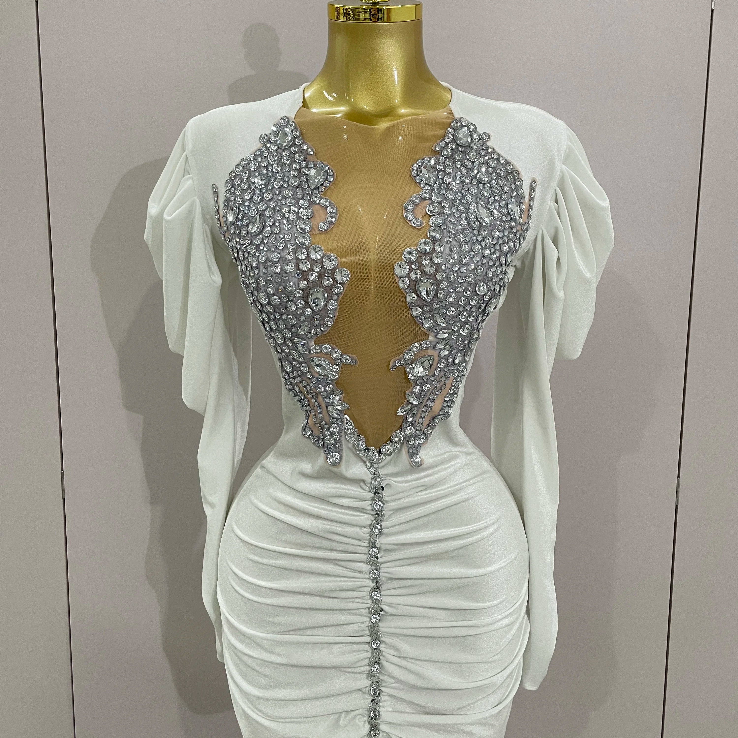 Luxury Sparkly Crystals Sexy Mesh White Velvet Short Dress 2025 Women Elegant Evening Prom Birthday Party Dresses Stage Costume WHITE