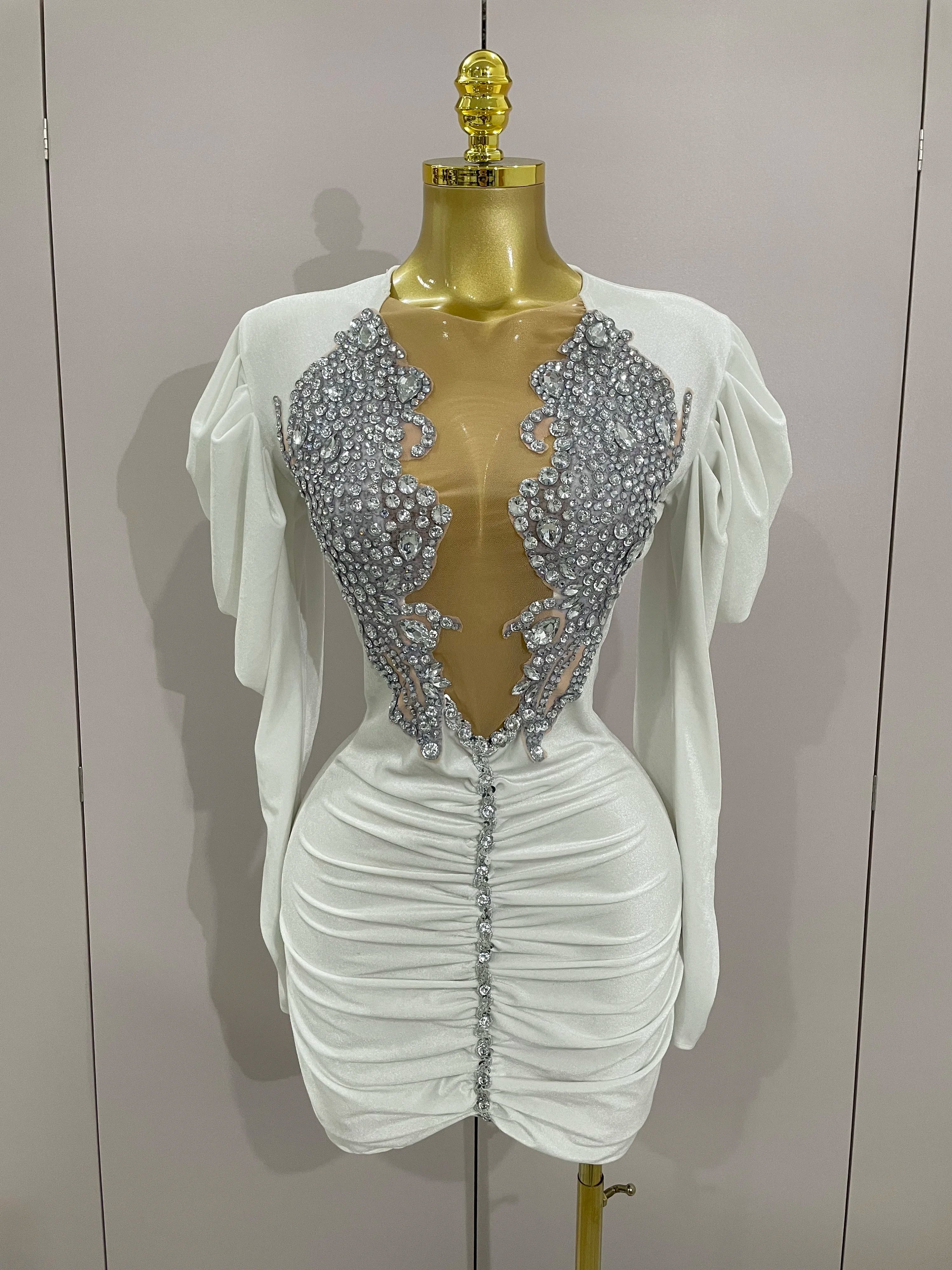 Luxury Sparkly Crystals Sexy Mesh White Velvet Short Dress 2025 Women Elegant Evening Prom Birthday Party Dresses Stage Costume WHITE