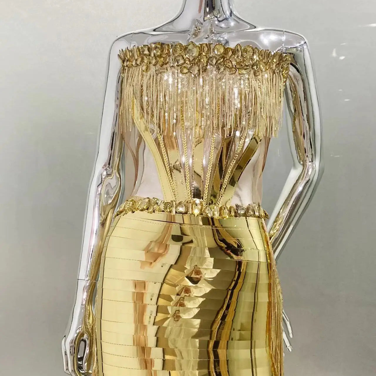 Gold Color Women Sexy Strapless Shinning Crystal 2 Pieces Bodycon Mini Dress Nightclub Party Performance Costume Birthday Dress Gold