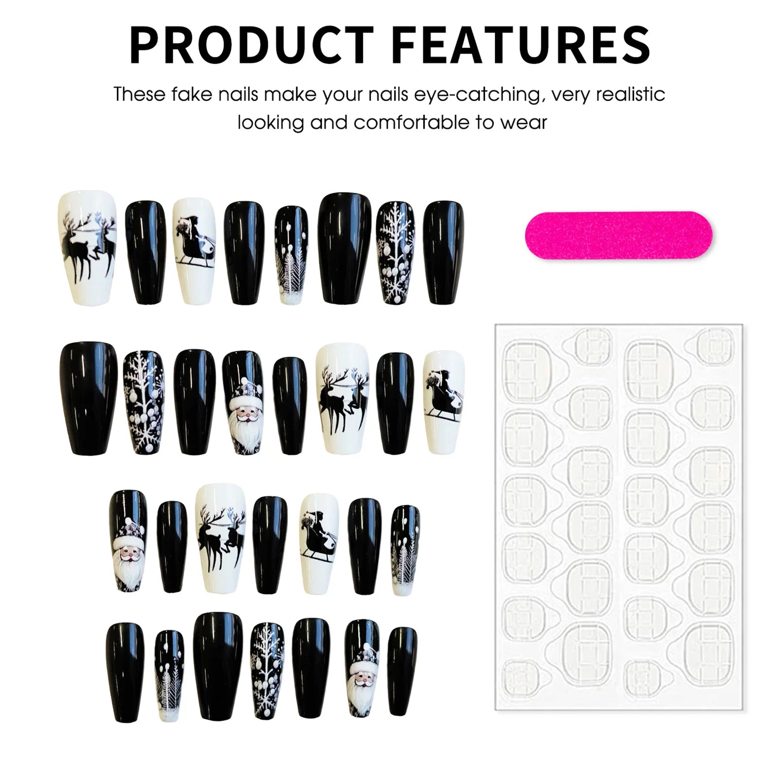 24Pcs Black/White False Nails Medium Length Coffin Christmas Nails Press On Full Cover Acrylic False Nails Santas/Deer Printed