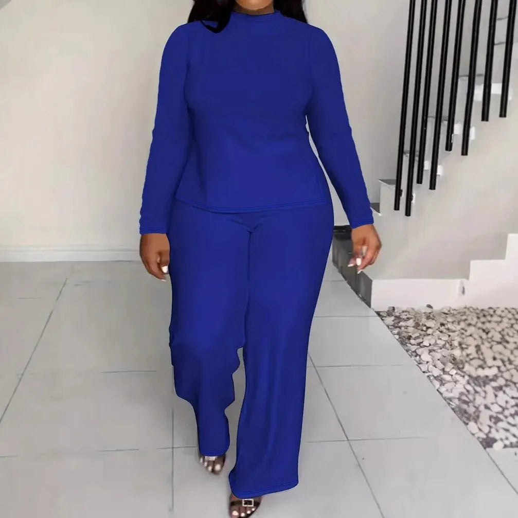 2 Piece Women Sets 2025 Plus Size Spring Autumn Matching Sets Top And Pants Suits Outfits Oversized Clothing Blue