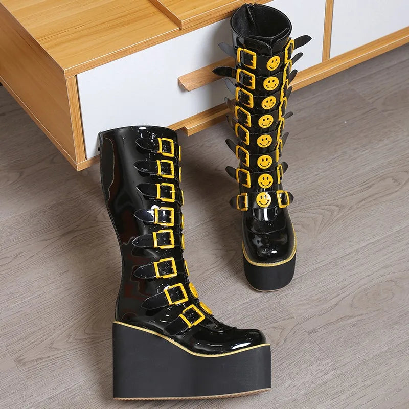 Plus Size 43 Black Gothic Vampire Halloween Cosplay Punk Buckle Street Platform Wedge High Heel Boots Women Shoes GRAY
