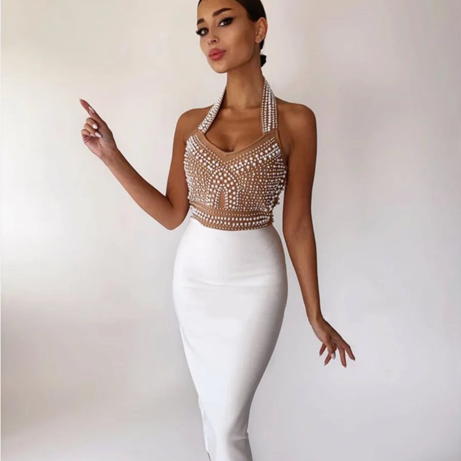 2023 Exquisite Pearl Beading Halter Bodycon Knee Lenght Dress Graceful Woman Hips Package Bandage Dress Evening Party Vestido WHITE