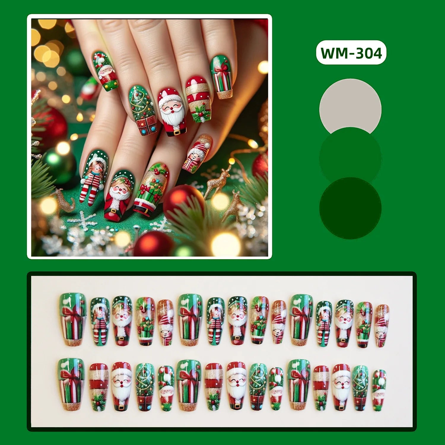 2025 Merry Chrismas Press on Nails Cute Snowman Elk Santa Claus Print Fake Nail Tips Wearable Long Coffin False Nails for Girls 5