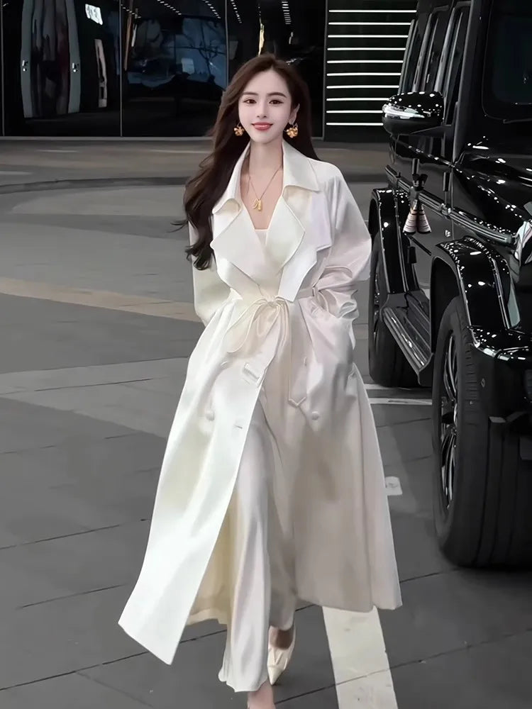 Lautaro Spring Autumn Long Flowy Shiny White Trench Coat for Women Double Breasted Elegant Stylish Luxury Design Clothes 2025 white