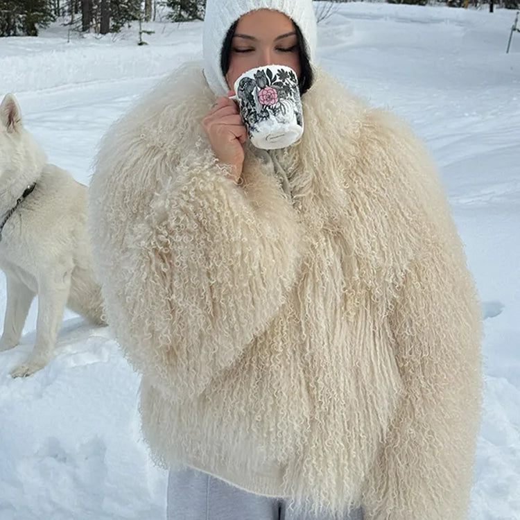 Green Luxury Fluffy Faux Fur Jacket Women Fashion Lapel Long Sleeve Loose Warm Coat 2025 Winter Lady High Street Outerwear WHITE