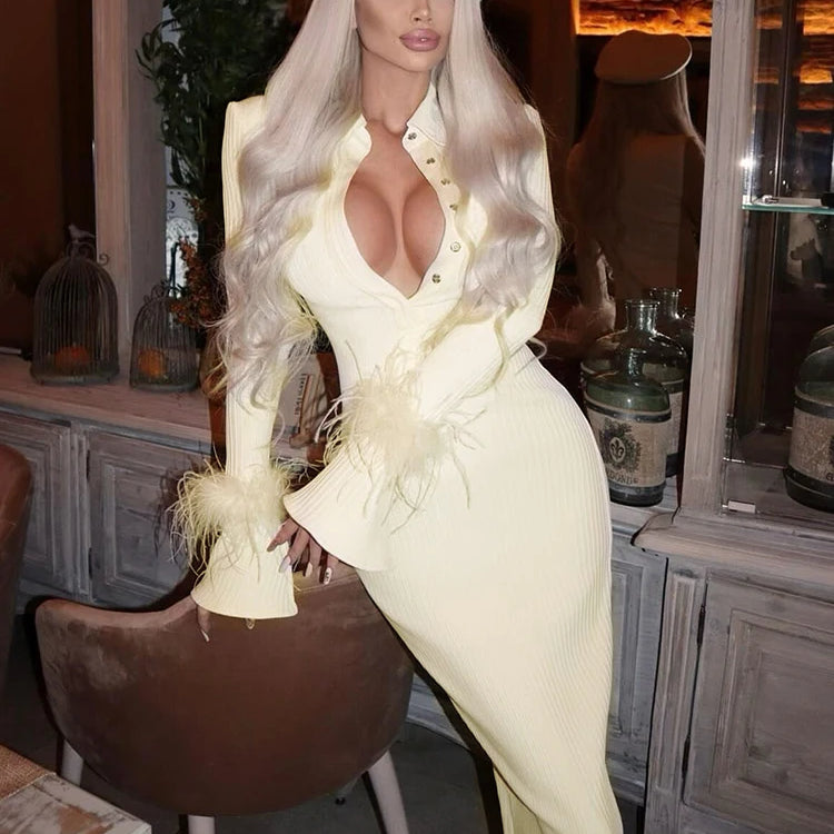 Light Yellow Maxi Dress Women Elegant Bodycon Bandage Long Sleeve Feather Design Party Dress Vestidos