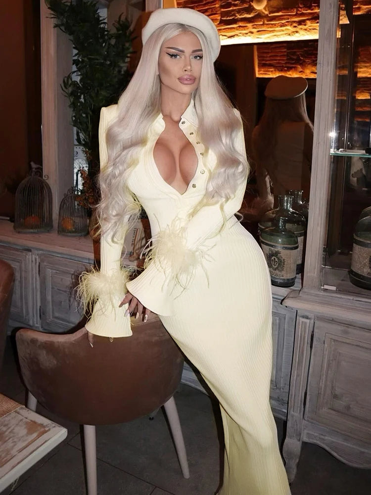 Light Yellow Maxi Dress Women Elegant Bodycon Bandage Long Sleeve Feather Design Party Dress Vestidos