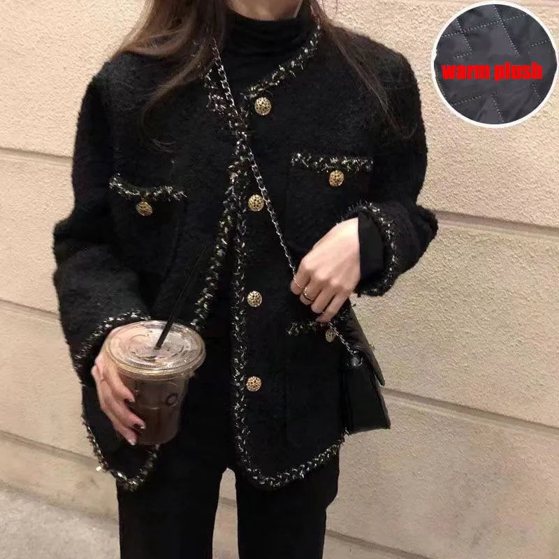 Warm Wool Tweed Jacket Coats Women Winter Korean Style Black Long Sleeve Jackets Woman Pockets Single-Breasted Outwear Lady Black plush