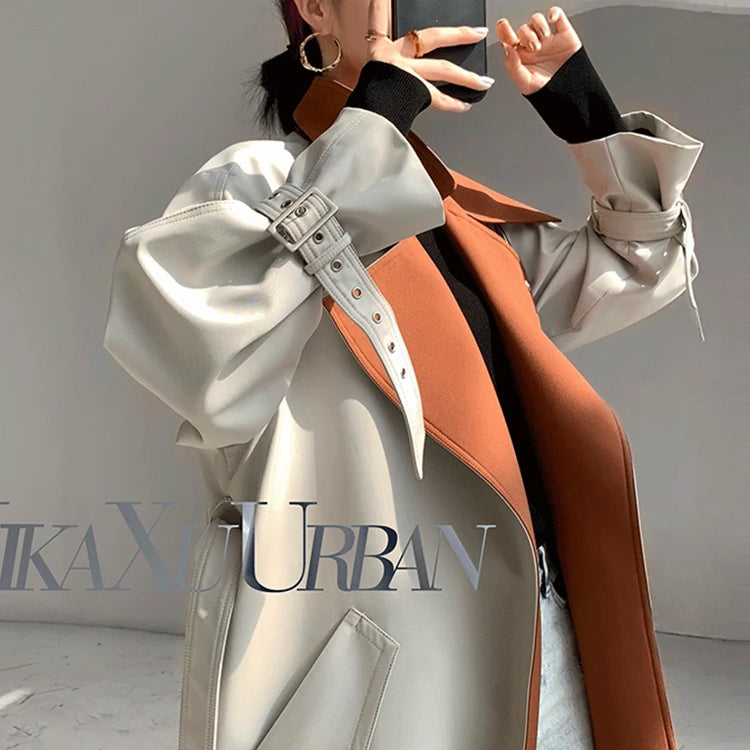 Lautaro Spring Autumn Long Cool Patchwork Trench Coat for Women Stylish Luxury Designer Emo Clothes European Style Overcoat 2025