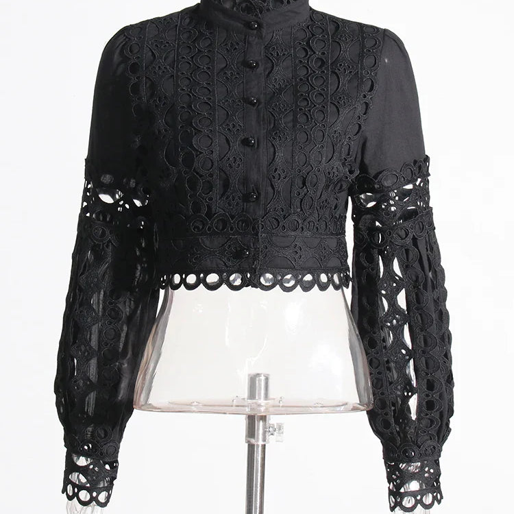 Elegant Two Piece Sets For Women Stand Collar Lantern Sleeve Tops High Waist Skirt Hollow Out Set Female Clothing