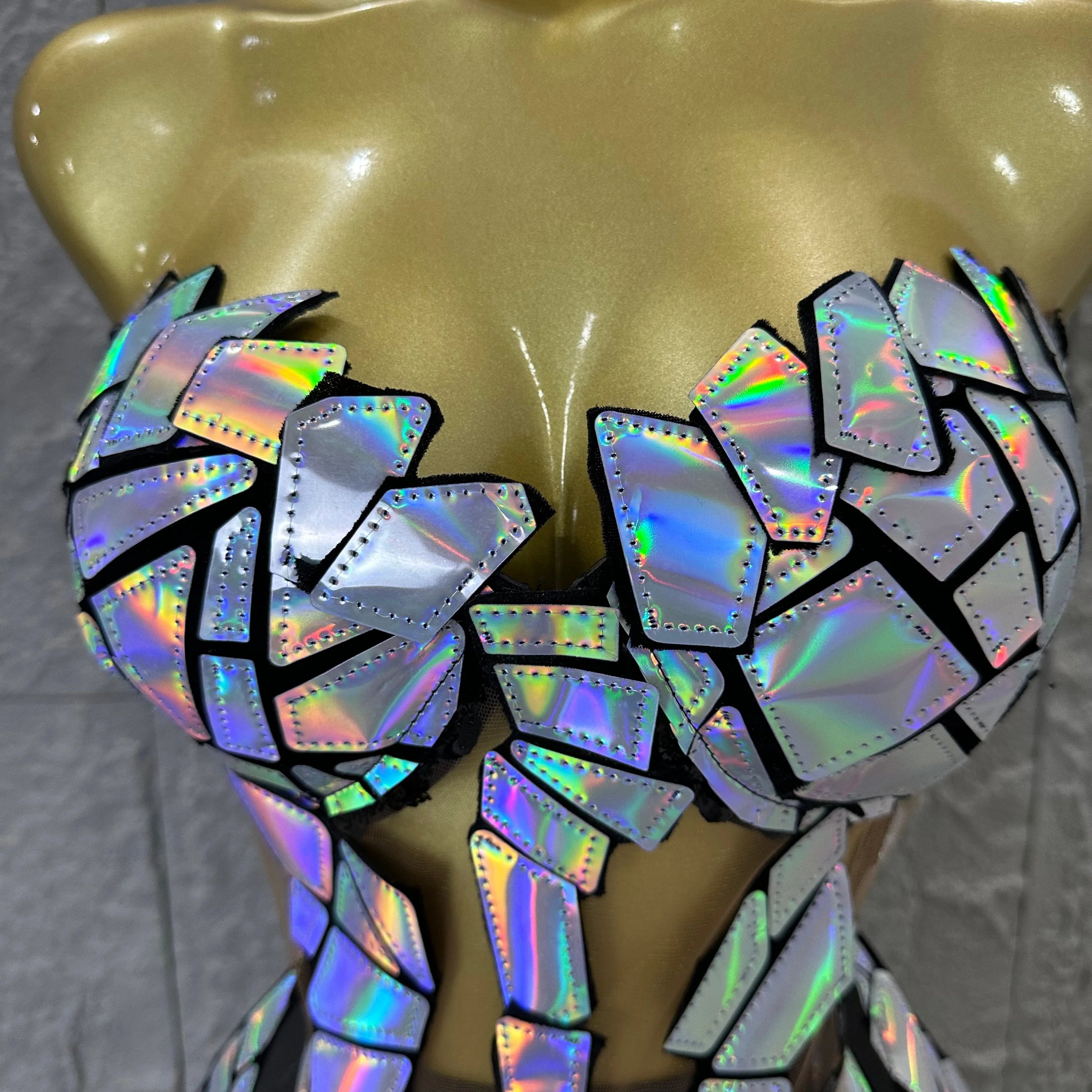 Edgy Black Luxury 3 Piece Set Women Mirror Reflective Patch Cropped Blazer Bralet Skirt Event Showmanship Performance Gown