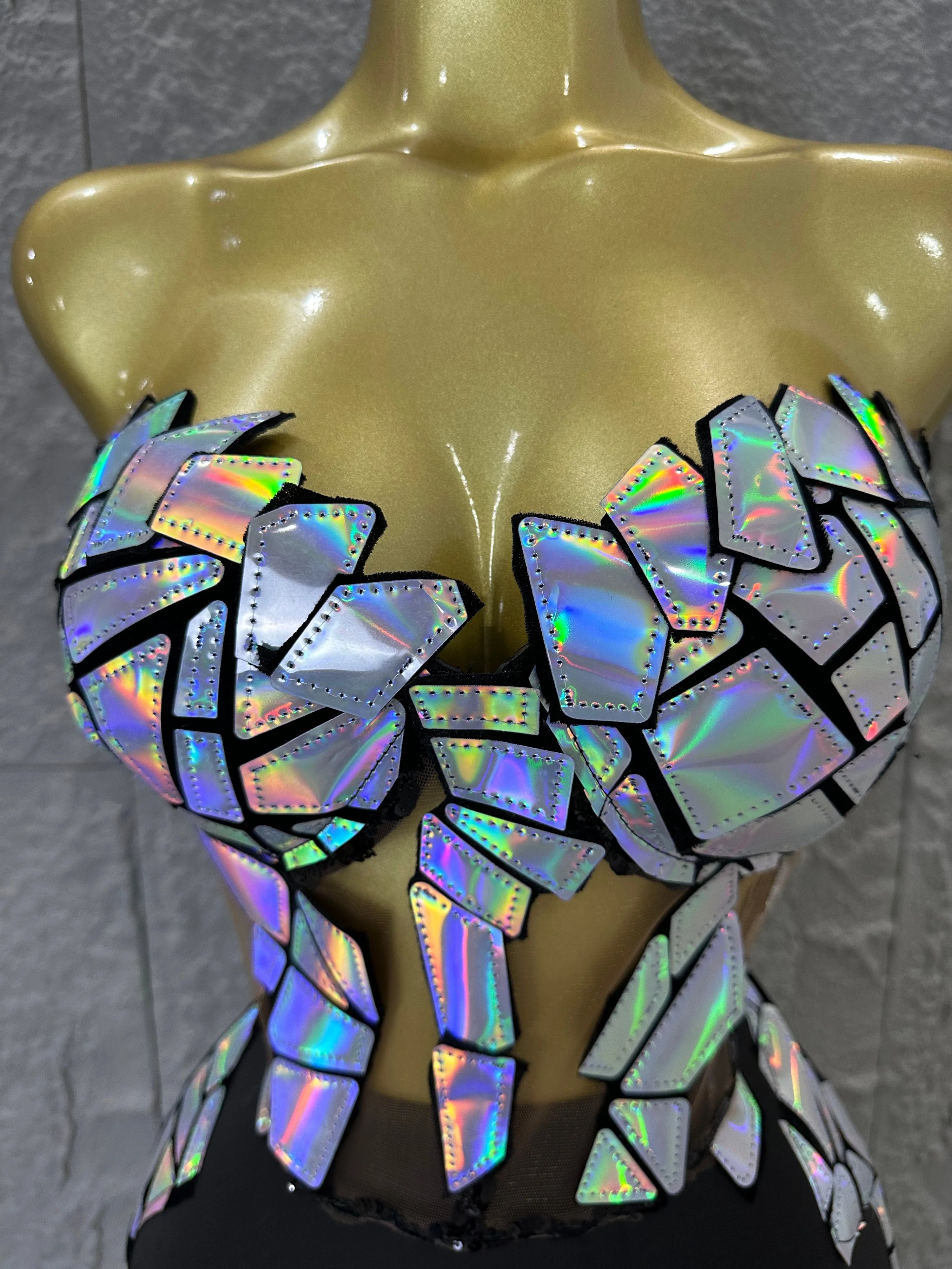 Edgy Black Luxury 3 Piece Set Women Mirror Reflective Patch Cropped Blazer Bralet Skirt Event Showmanship Performance Gown