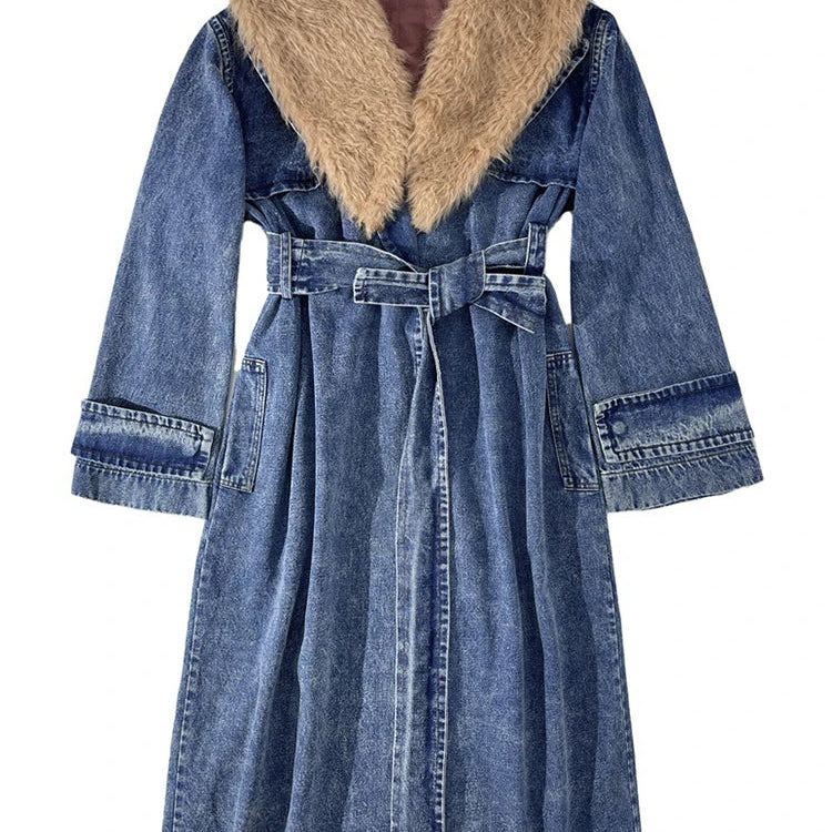 DEAT Fahsion Women Denim Overcoat Fur Collar Belt Patchwork Pockets Loose Split Thick Warm Windbreaker Winter New LM1040