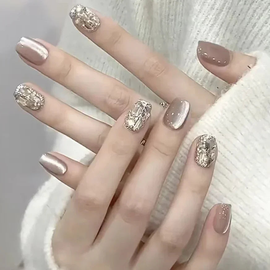 Shiny Crystal Glitter Powder Cat Eye Rhinestone Pearl Short Fake Nails Art Korean False Nails Zircon DIY Press on Nails Manicure MT2275GN021