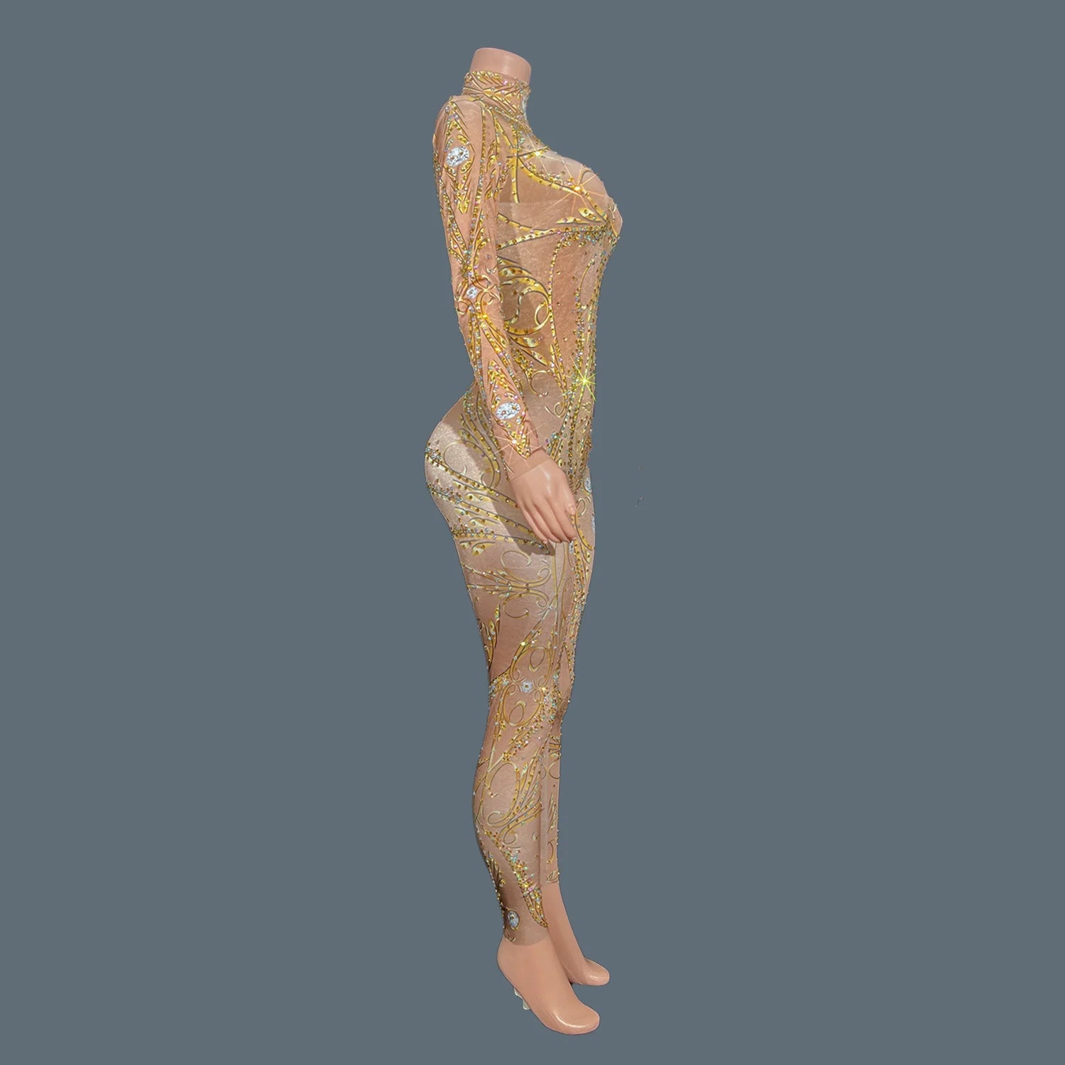 GOLD Rhinestones Spandex Bodycon Long Sleeved Jumpsuit Birthday Party Celebrate Bars Show Wear Women Dance Leggings Jinfenghuang