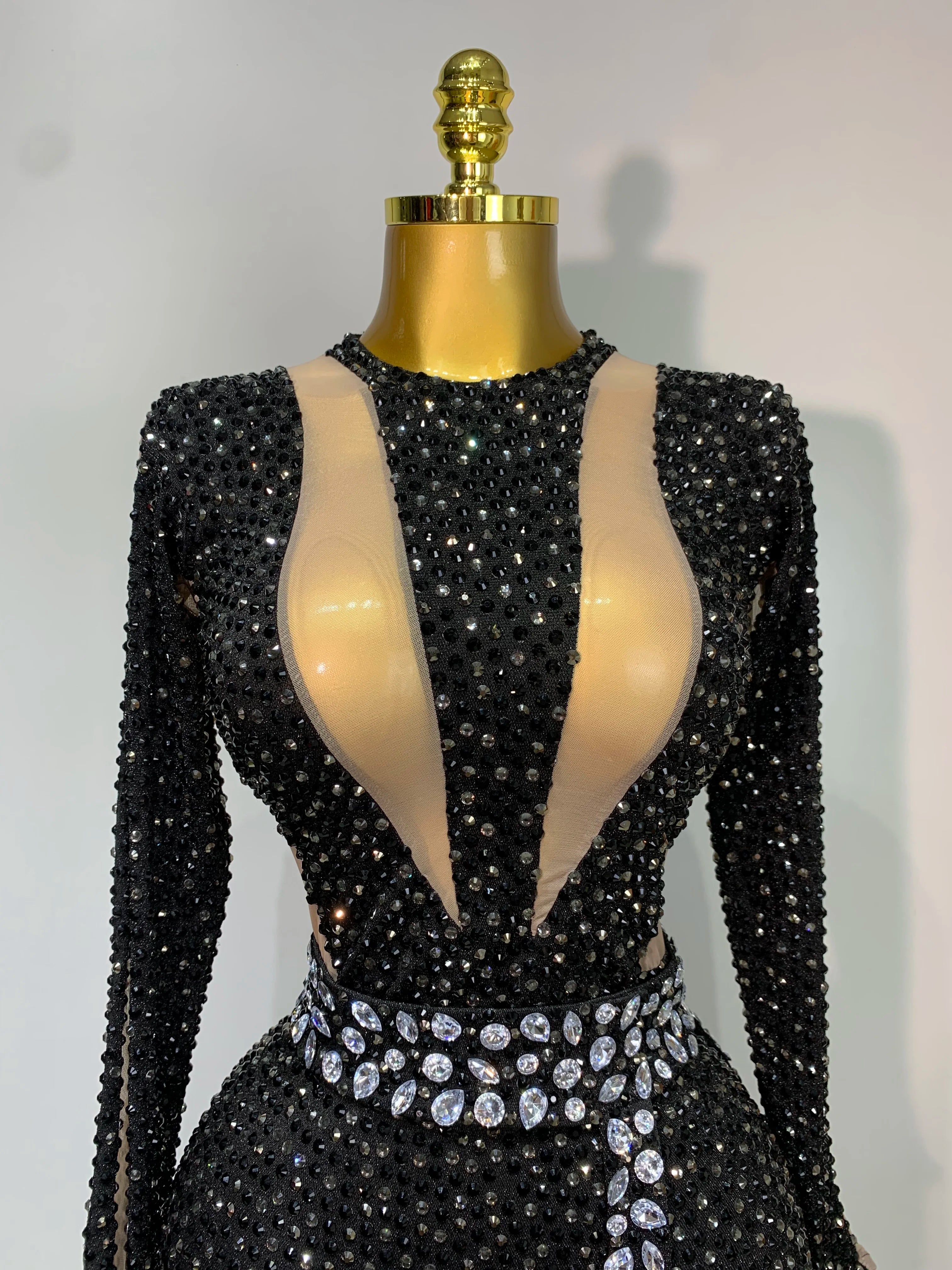 Sexy Sparkly Diamond Black Long Sleeves Bodycon Mesh Jumpsuit Evening Party Nightclub Bar Singer Performance Stage Costume
