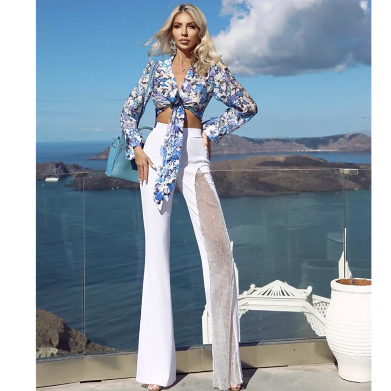 Black Red White New Summer Women Rayon Bandage Sexy Wide Leg Pants Fashion Diamond Keyholes Celebrity Wear Full Length Pant WHITE