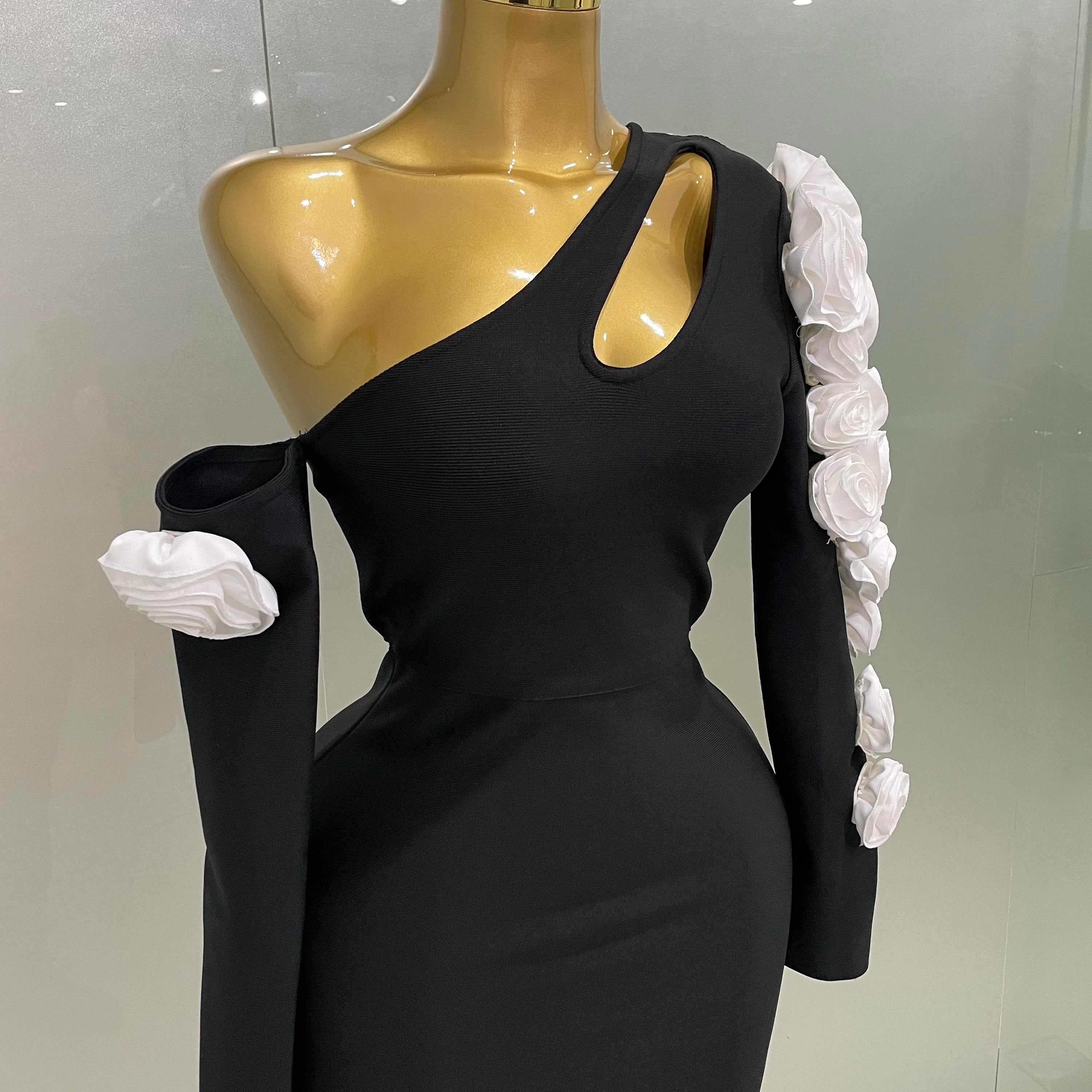 2025 New Sexy One Shoulder Key Hole Flower Maxi Long Bodycon Bandage Dress Women Knitted Elegant Evening Club Party Outfit