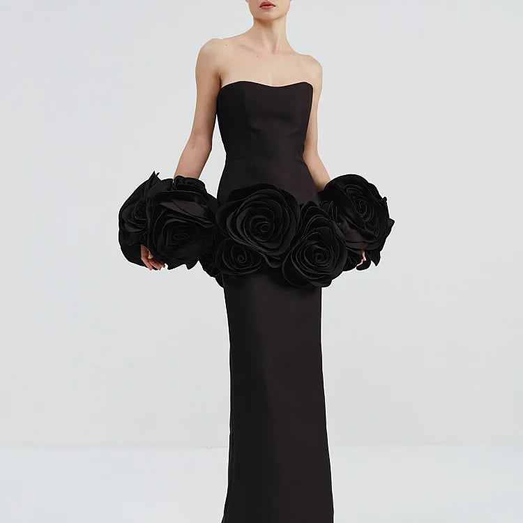 2025 Stereoscopic Flowers Strapless Bandage Ankle Length Evening Dress Fashion Woman Birthday Party Dress Celebrity Party Outfit