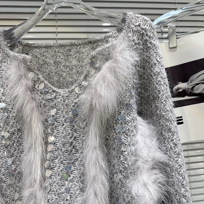 Winter New Fashion Beaded Embroidery Drawstring Sleeve Knitted Sweater For Women Loose Plush Spliced Tops 11A07605