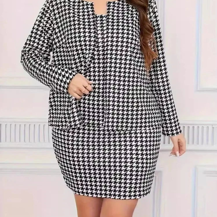 Plus Size Houndstooth Plaid Autumn 2 Two Piece Set Women Long Sleeve Ladies Cropped Coats Sleeveless Slip Modis Woman Mini Dress