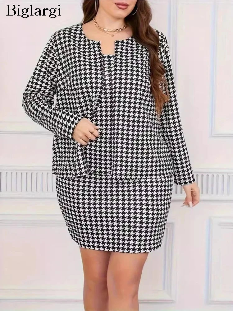 Plus Size Houndstooth Plaid Autumn 2 Two Piece Set Women Long Sleeve Ladies Cropped Coats Sleeveless Slip Modis Woman Mini Dress