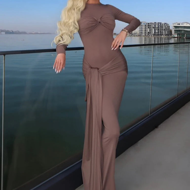 Solid Ruched Long Flare Sleeves Maxi Dress Elegant White Tie Waist High Neck Pleated Draped Backless Party Evening Dress