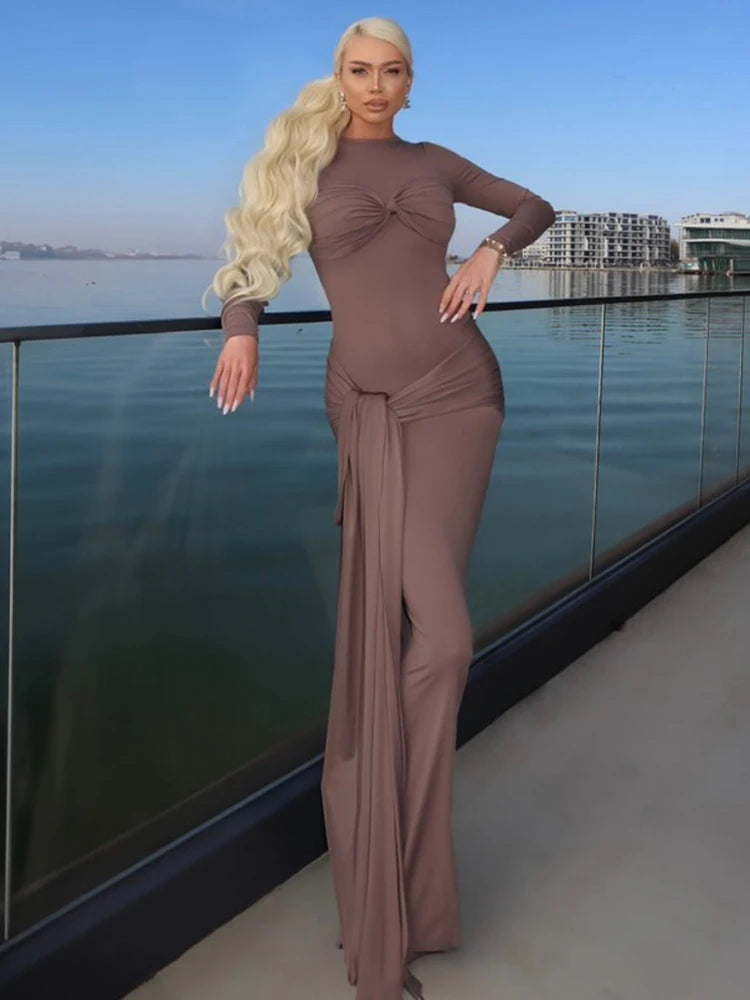 Solid Ruched Long Flare Sleeves Maxi Dress Elegant White Tie Waist High Neck Pleated Draped Backless Party Evening Dress