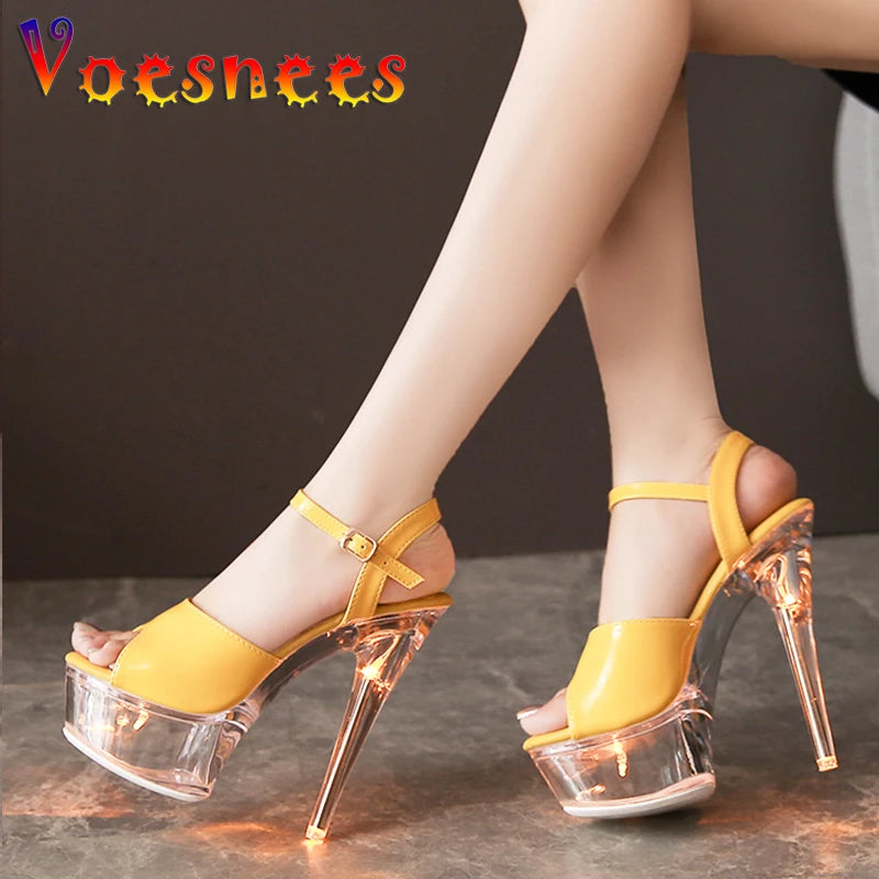 Women's Transparent And Glowing High Heels Red LED Light Up Party Sandals Nightclub Pole Dance Shoes 14.5CM Summer Runway Pumps