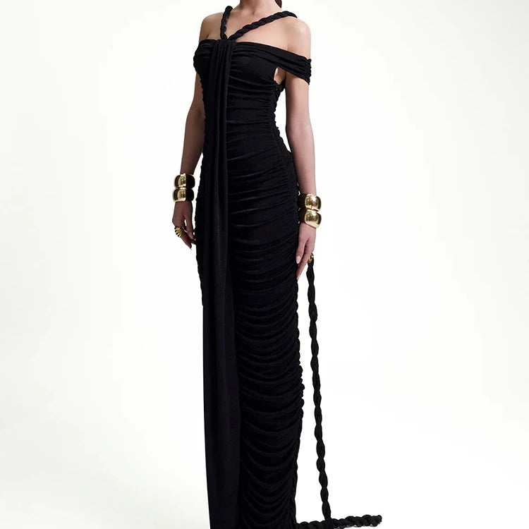 Braid Ribbon Ruched Bodycon Maxi Dress Women Off Shoulder Short Sleeves Slim Solid Evening Party Long Robe Gowns
