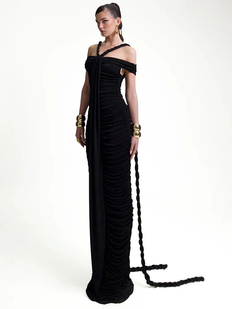 Braid Ribbon Ruched Bodycon Maxi Dress Women Off Shoulder Short Sleeves Slim Solid Evening Party Long Robe Gowns