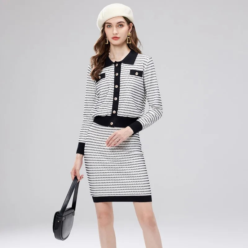 High End Knitted Two-Piece Women'S Autumn And Winter Small Collar Cardigan Jacket Paired With High Waisted Hip Hugging Skirt WHITE One Size