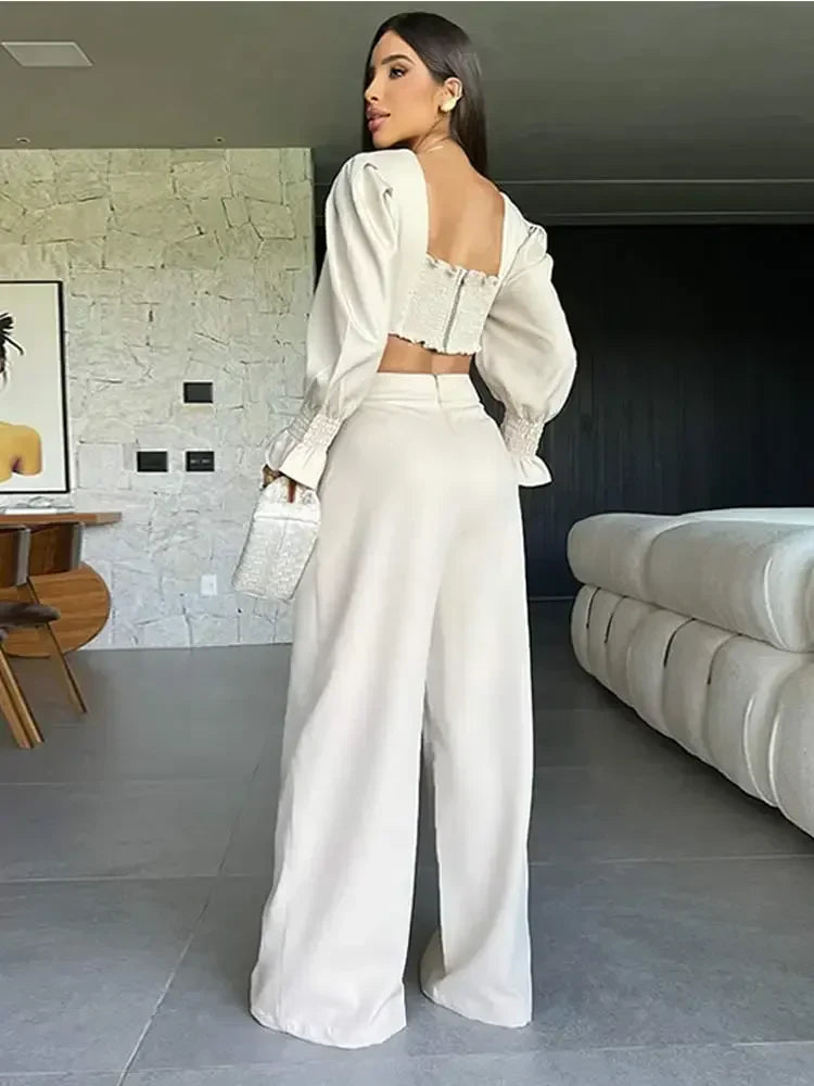 Sexy Flare Sleeve Blouse & Trouser Set Women Chic V Neck Backless Crop Top High Waist Wide Leg Pants Suit Spring Outfits