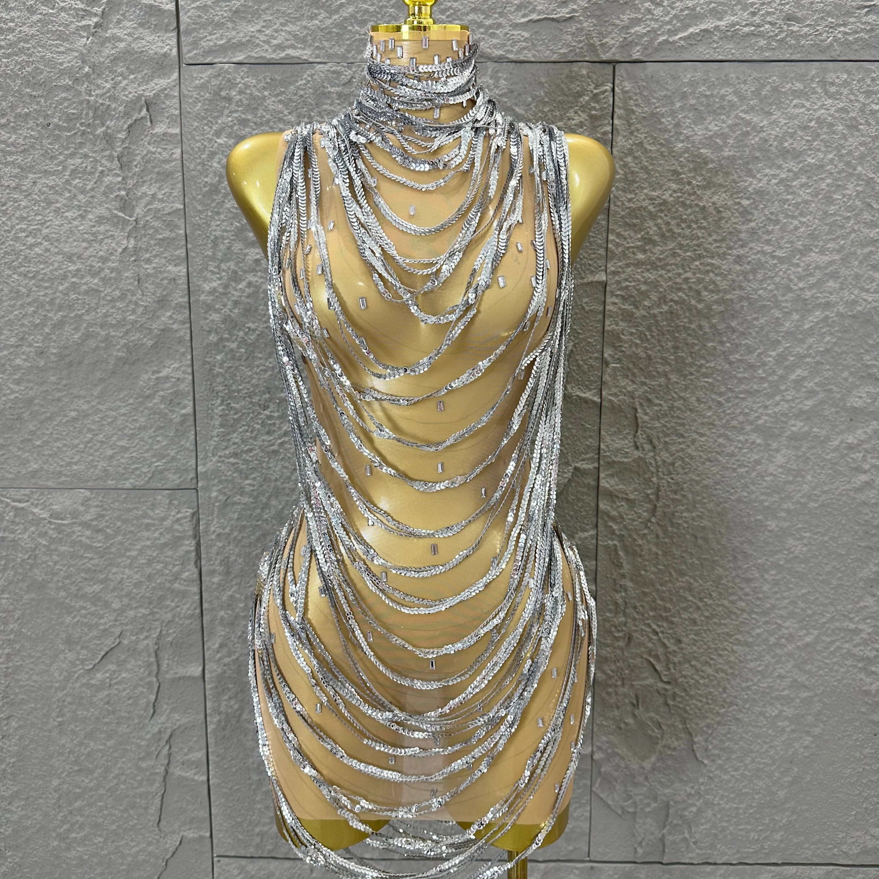 Glamorous Silver Sequined Layered Chain Mesh Dress Women Sexy High Neck Sleeveless Bodycon Stage Performance Costume Silver