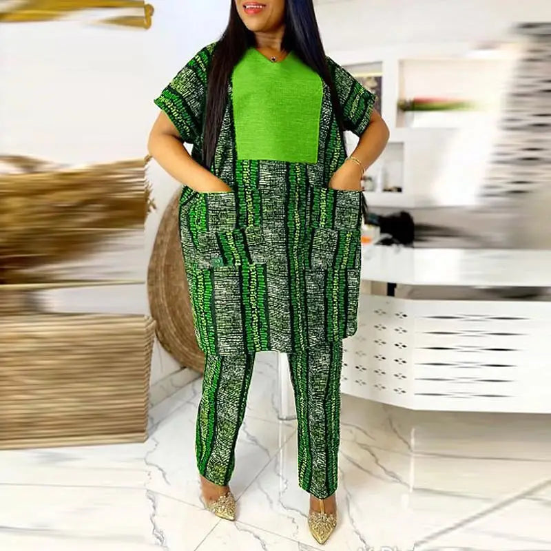 VONDA Plus Size 5XL Women Pant Sets 2024 Elegant Printed Patchwork Trousers Suits Vintage Tops and Wide Leg Pants Matching Sets green