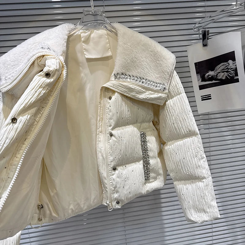 Winter New Sweet Fashion Fleece Sailor Collar Rhinestone Edge Heavy Cotton-padded Jacket For Women Warm Coat 11A07590