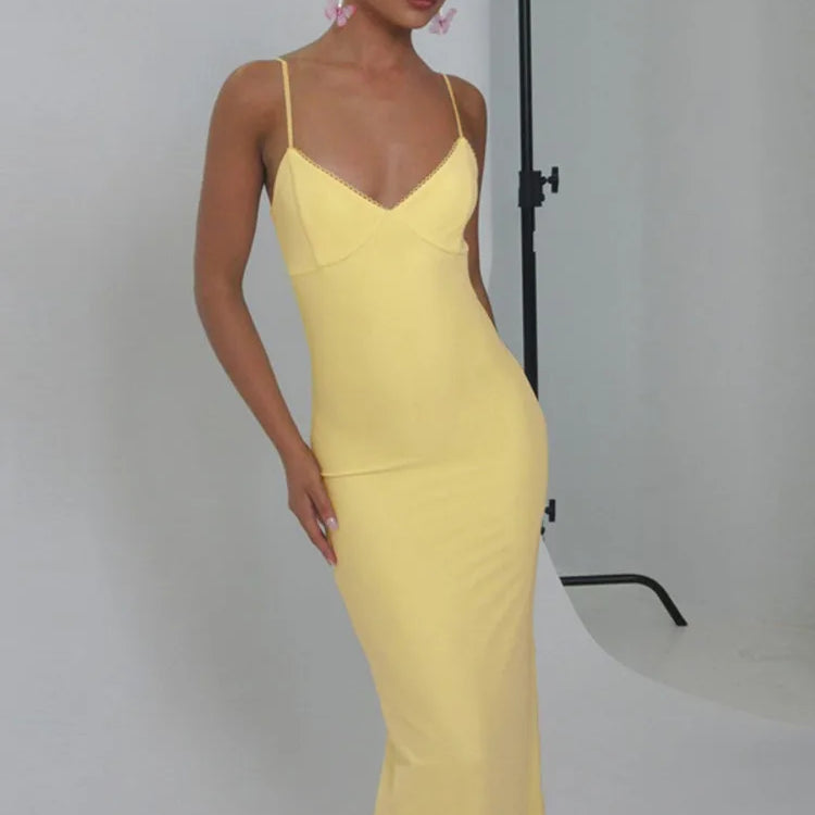 Spaghetti Strap Backless Sexy Maxi Dress For Women Gown Summer New Yellow Sleeveless Bodycon Long Dress Vestido