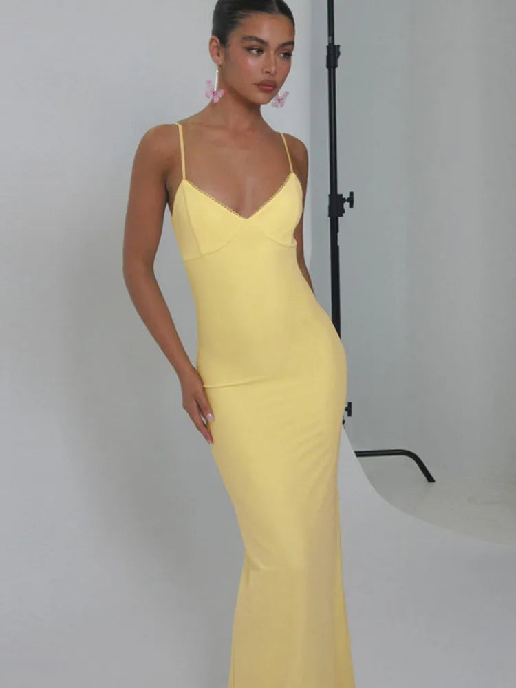 Spaghetti Strap Backless Sexy Maxi Dress For Women Gown Summer New Yellow Sleeveless Bodycon Long Dress Vestido