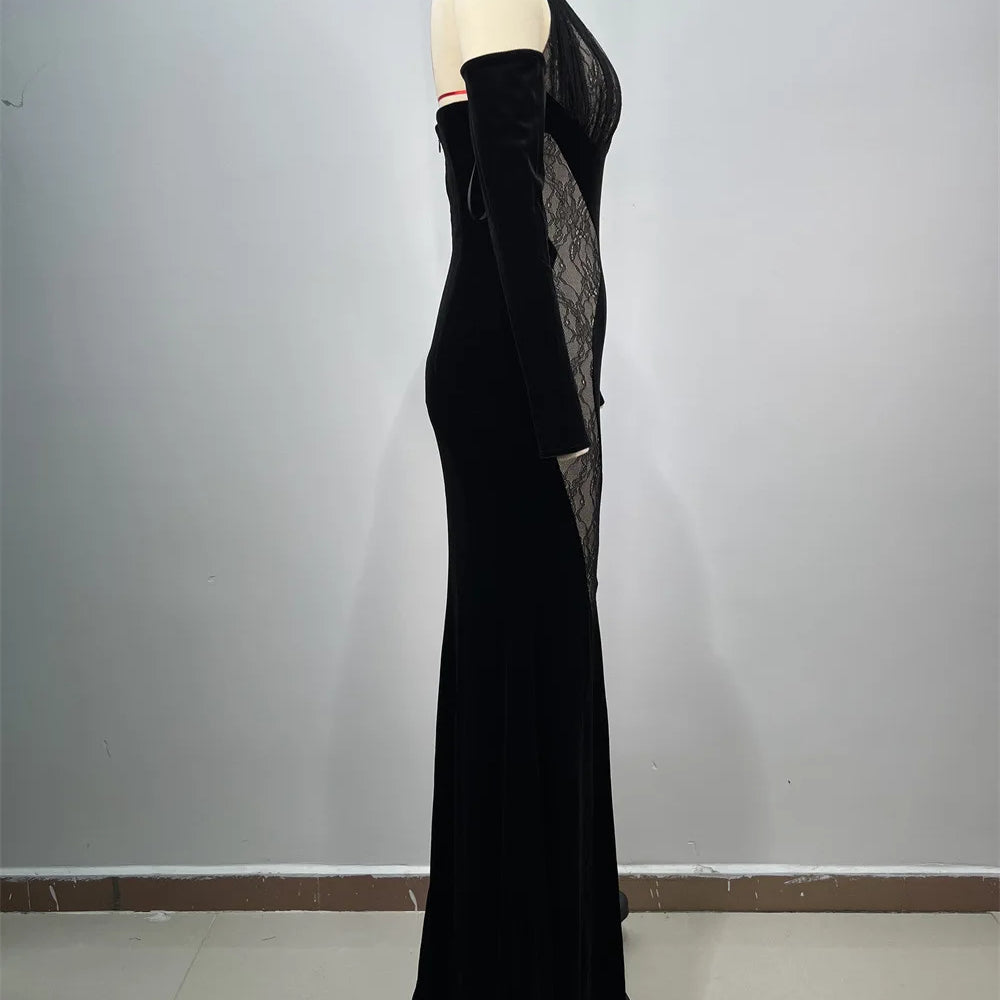 Black Lace Patchwork Velvet Halter Floor Length Dress Celebrity Party Dress Birthday Vestido