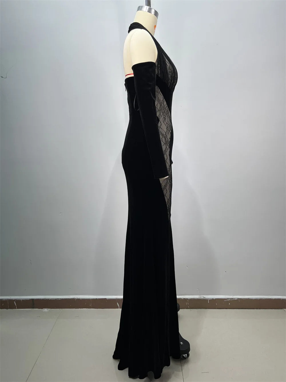 Black Lace Patchwork Velvet Halter Floor Length Dress Celebrity Party Dress Birthday Vestido