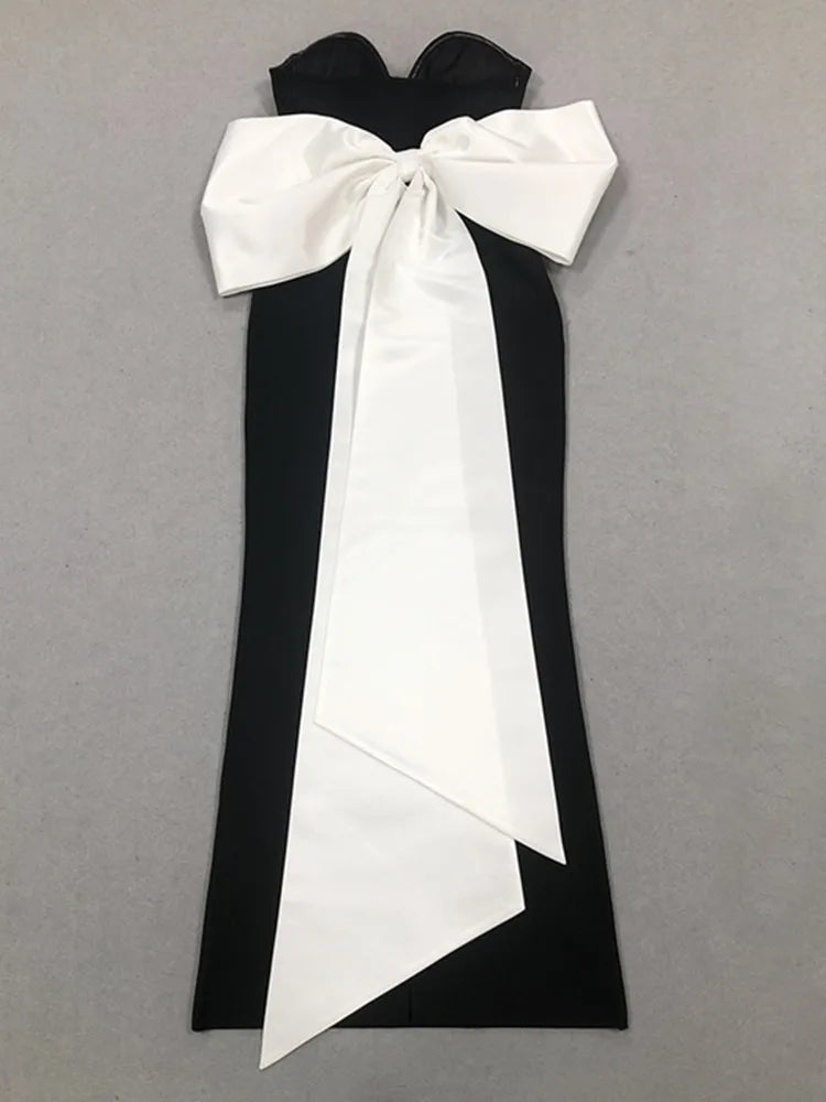 Women Celebrity Sexy Strapless Bow Tie Patchwork Black Maxi Long Bodycon Bandage Dress 2025 Elegant Evening Club Party Dress