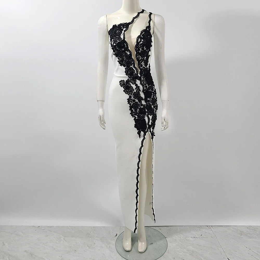 Women Sexy One Shoulder Black Lace High Split Bodycon Long Bandage Dress Celebrate Gloves Nightclub Party Outfit