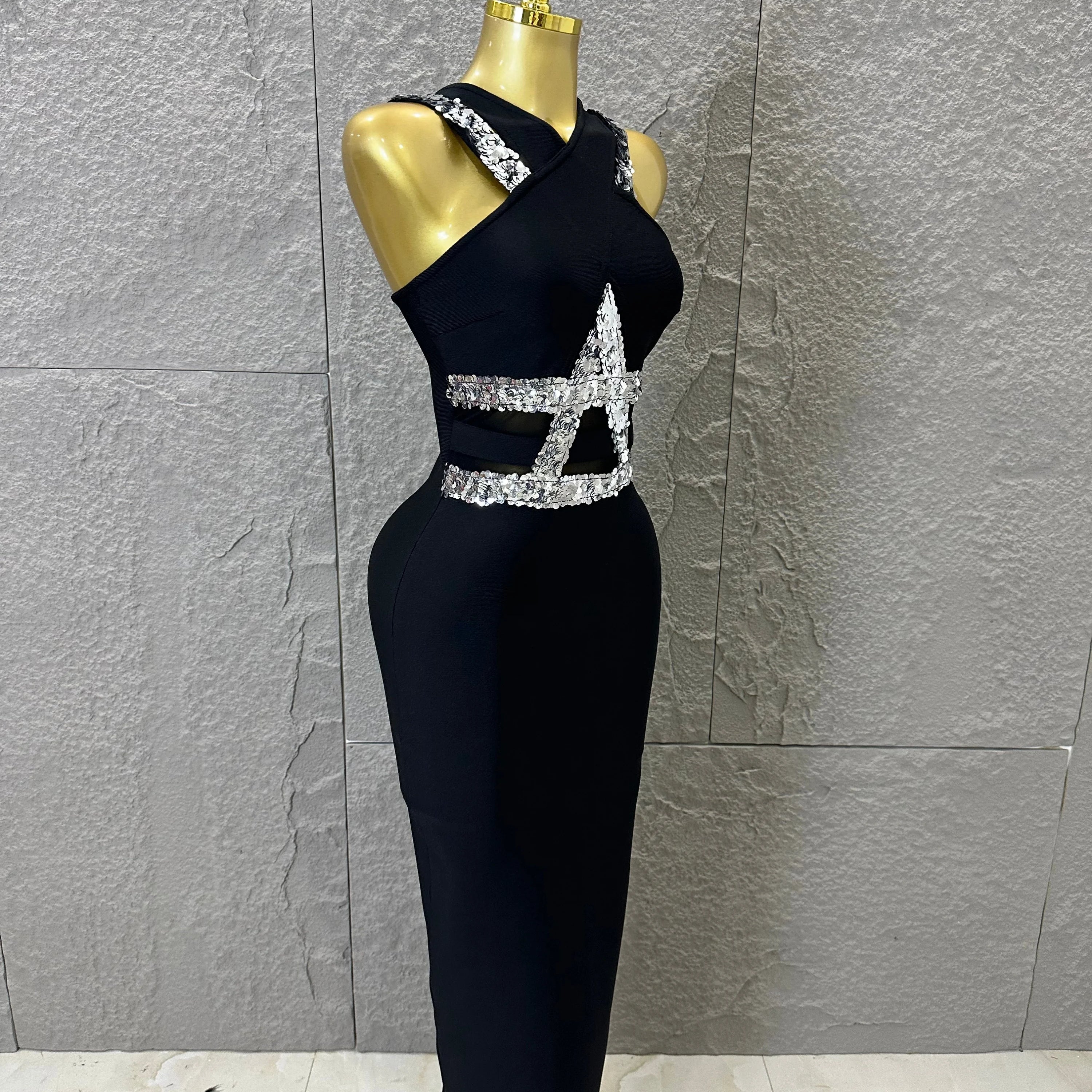 Elegant Black Halter Neck Maxi Dress Women Sexy Crisscross Crystal Embellished Sheer Mesh Cutout Waist Form-Fitting Outfit
